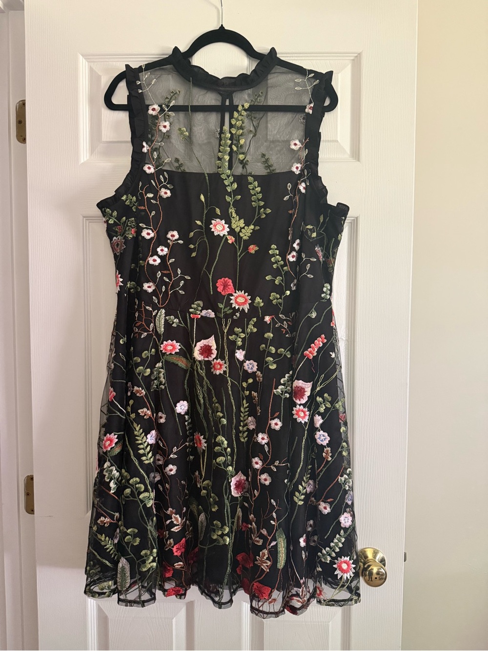 Floral Embroidered Black Mesh A-Line Dress